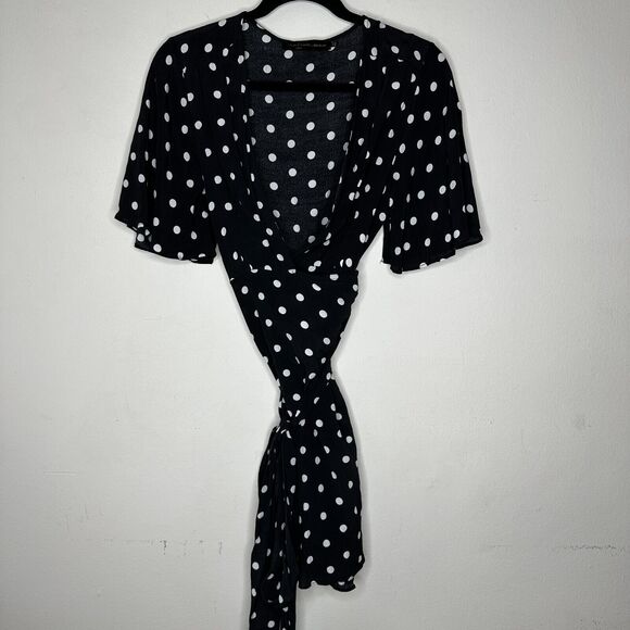 House of Harlow Black White Polka Dot Harper Wrap Mini V-neck Short Sleeve Tie L - Picture 3 of 16